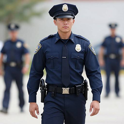 Photograph of a serious, young male police officer in dark uniform with badge, standing in foreground, with two blurred officers in background.