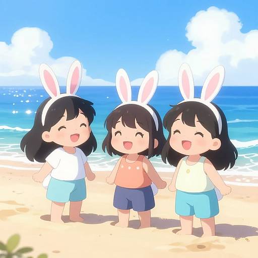 Three chibi-style anime girls with bunny ears, smiling, holding hands on a sunny beach with blue ocean and white clouds.