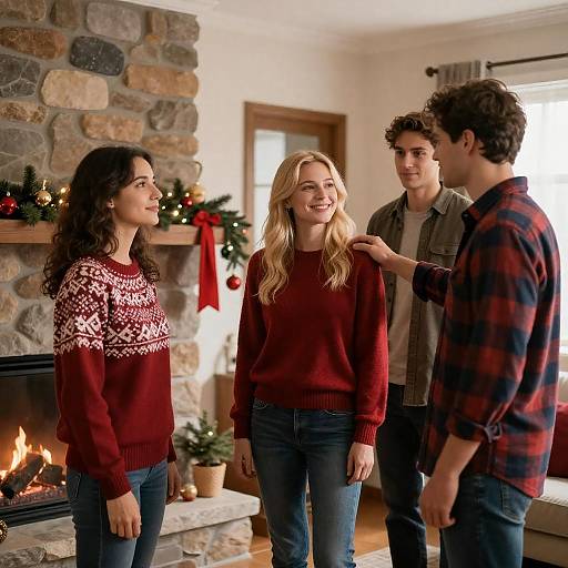 Friends Gathering by Fireplace at Christmas
