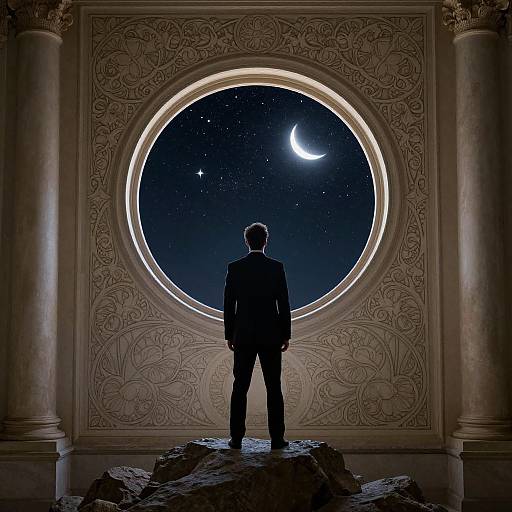 Silhouetted man in suit stands on rock, gazing through large circular window at starry night with crescent moon, ornate carved frame