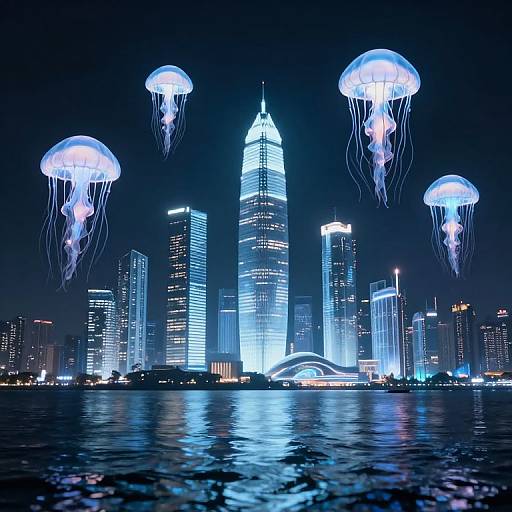 Photograph of glowing blue jellyfish floating above a neon-lit, futuristic city skyline with tall skyscrapers at night.