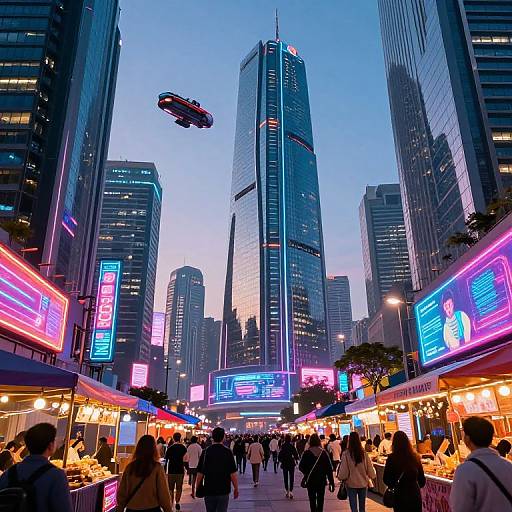 Photograph of a vibrant, neon-lit urban street at dusk, featuring tall skyscrapers, a flying car, and bustling pedestrians in a colorful