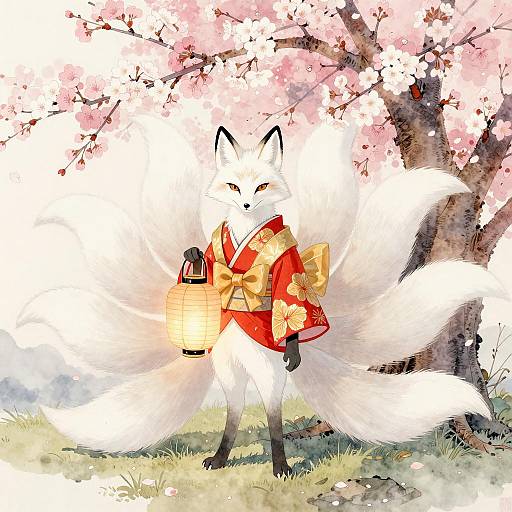 Elegant White Fox Among Cherry Blossoms