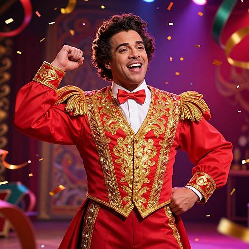 Photograph of a joyful, curly-haired man in an ornate red and gold circus performer outfit, raising his fist, smiling, with colorful confetti