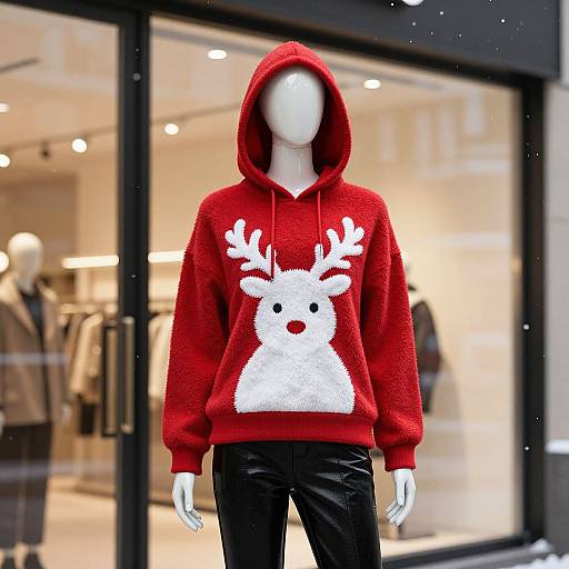 Photograph of a faceless mannequin wearing a red, fuzzy, hooded sweatshirt with a white reindeer graphic, black pants, in