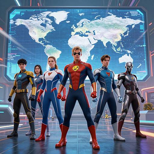 Photograph of six superheroes in colorful costumes standing in front of a glowing world map backdrop, with futuristic city lights.