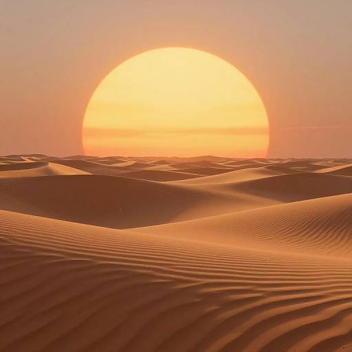 Photograph of a golden sunset over a vast, rippled desert sand dune, casting warm, orange hues across the textured landscape.