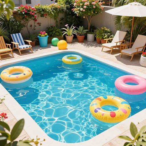 Photograph of a sunlit backyard pool with three colorful inflatable rings, surrounded by patio chairs, potted plants, and a white umbrella.