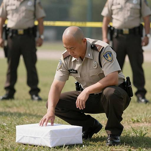 Crouching Officer at Crime Scene