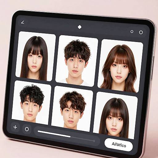 Photograph of a tablet displaying six identical Asian face portraits, four men and two women, on a white background with 
