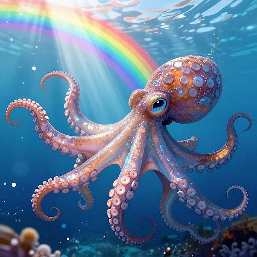 Photorealistic underwater photograph of a vibrant, orange-and-white spotted octopus with curled tentacles, swimming under a sunbeam with a rainbow, surrounded