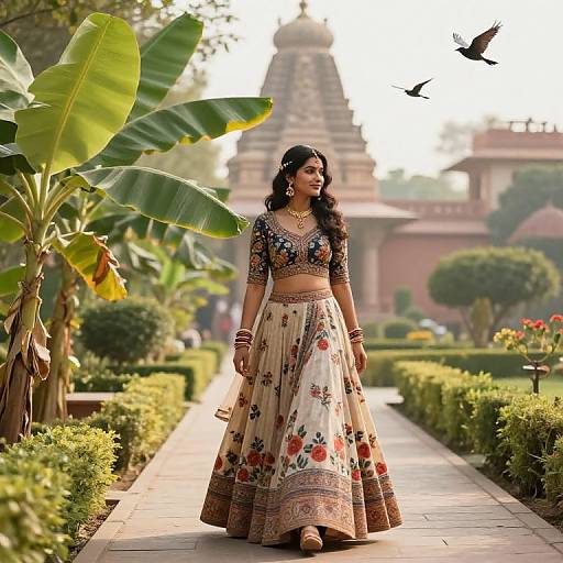 Photograph of a beautiful Indian woman in a floral lehenga, gold jewelry, and intricate blouse, walking on a garden path with a temple and birds