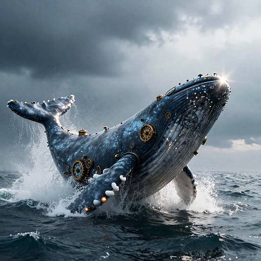 Colossal Clockwork Whale Breaching Stormy Sea