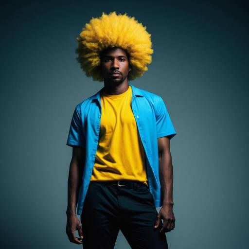 Man in Yellow Afro and Blue Shirt
