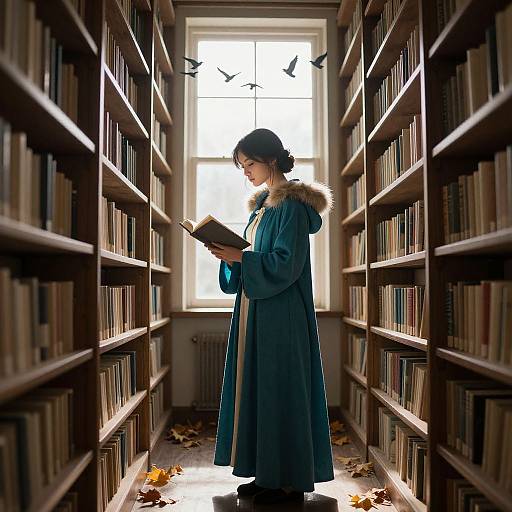 Photograph of a young woman in a blue coat with fur trim, reading a book in a dimly lit library aisle, surrounded by tall booksh