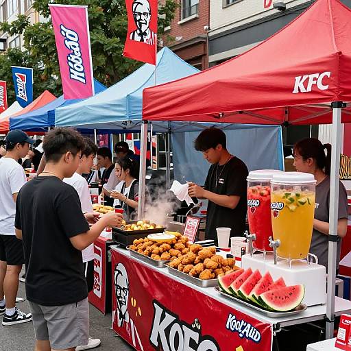 Photograph of a bustling outdoor KFC food stall with red and blue tents, serving fried chicken, watermelon slices, and orange drinks. Customers in