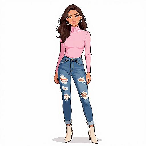 Digital illustration of a smiling woman with long brown hair, wearing a pink turtleneck, blue ripped jeans, and white ankle boots.