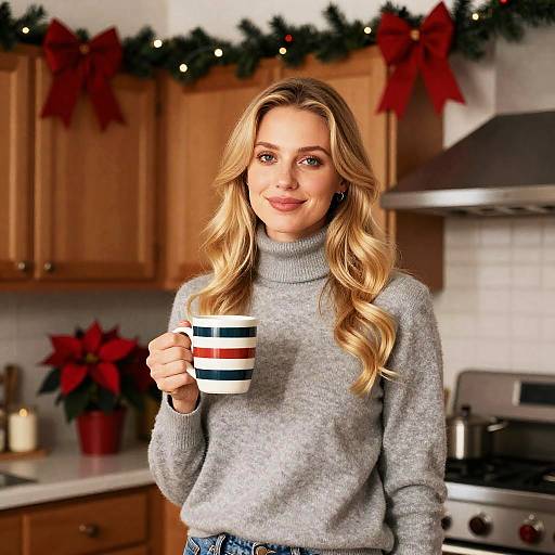 Cozy Christmas Kitchen with Smiling Woman