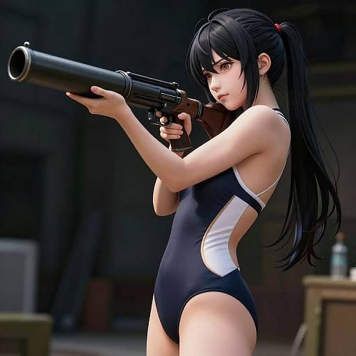 Digital anime-style image of a black-haired woman in a black and white one-piece swimsuit, holding a large handgun, aiming forward in a dimly