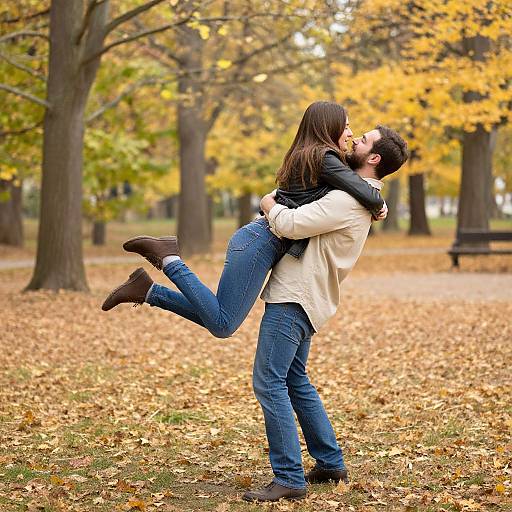 Photograph of a bearded man in a white jacket, lifting a long-haired woman in a black sweater and blue jeans, kissing passionately in a leaf