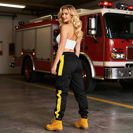 Blonde Woman Posing in Fire Station Garage