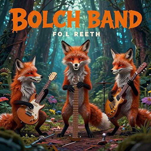 Digital artwork: Three anthropomorphic foxes in a forest, playing electric guitars, with 