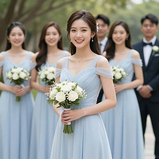 Photograph of an Asian bride in a light blue, off-shoulder dress, holding a white flower bouquet, surrounded by bridesmaids and groom in
