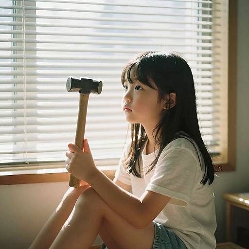 Photograph of an Asian girl with black hair, wearing a white shirt and gray shorts, holding a hammer, sitting by sunlit window blinds.