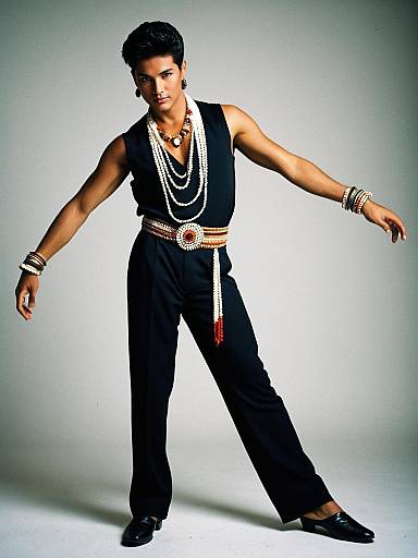 Photograph of a muscular, dark-skinned man in a black sleeveless shirt, pants, and jewelry, striking a dynamic dance pose against a gradient