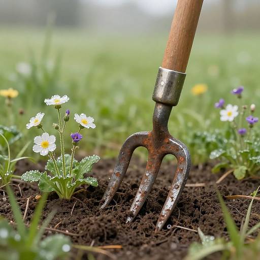 Photograph of a rusty garden fork with a wooden handle, standing in freshly turned dark soil among white and purple wildflowers.