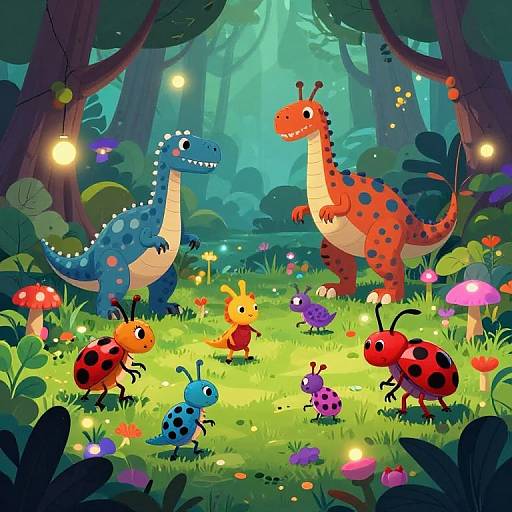 Colorful cartoon forest scene: two dinosaurs, blue and orange, with six vibrant insects, surrounded by glowing mushrooms and flowers, under hanging lights.