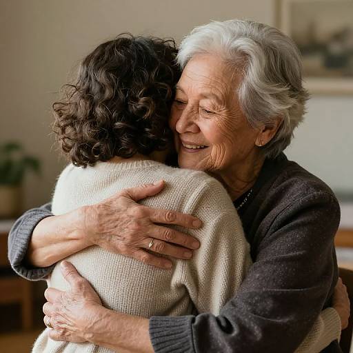 Photograph of an elderly woman with white hair hugging a younger woman with curly brown hair, both smiling warmly in a cozy, softly lit room.