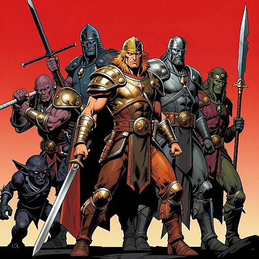 Digital comic-style illustration of six armored warriors with various weapons, standing in a fierce stance against a red-orange gradient background. Leader in gold armor front center