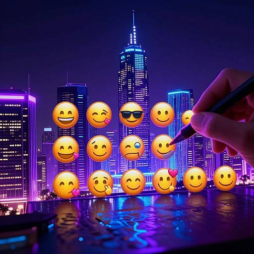 Photograph of a nighttime cityscape with neon-lit skyscrapers, featuring a hand drawing a smiley face emoji among a grid of various smile