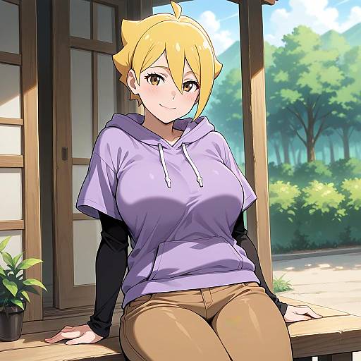 Mature Hinata in Purple Hoodie Outdoors