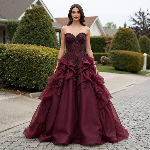 Photograph of a woman with long dark hair in a strapless, deep burgundy, ruffled ball gown standing on a cobblestone path with