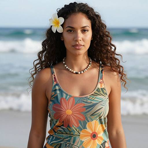 Photograph of a young Black woman with curly hair, wearing a floral tank top, pearl necklace, and a plumeria flower in her hair,