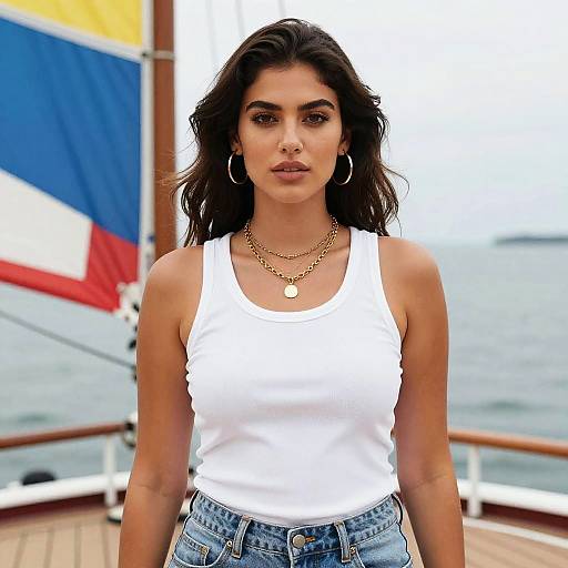 Pear-Shaped Woman on Colorful Ship Deck