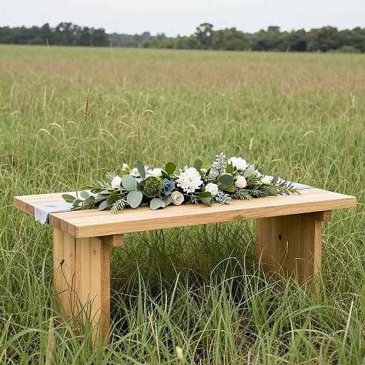 Photograph of a simple wooden bench in a lush green field, adorned with a white and green floral arrangement.