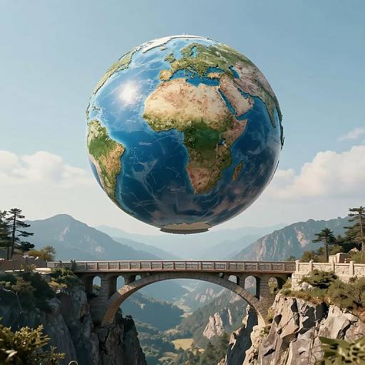 Photorealistic CGI: Earth hovering above a mountain bridge, with detailed continents, clear blue skies, and lush, rocky landscape below.