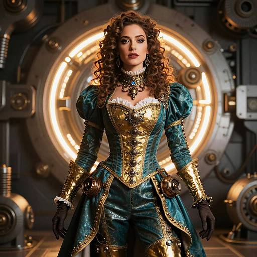 Woman in Teal and Gold Steampunk Outfit