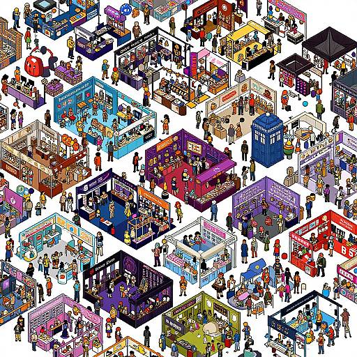 Isometric digital illustration of a bustling outdoor market. Vibrant stalls with various goods, diverse crowd, colorful clothing, and multiple interactions.