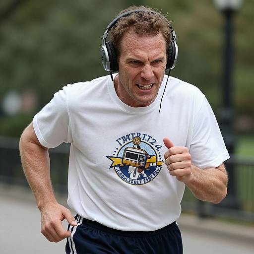 Photograph of a middle-aged man with short brown hair, wearing headphones, white t-shirt, and black shorts, jogging outdoors, giving a thumbs-up