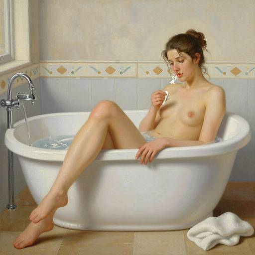 Photograph of a fair-skinned, nude woman with brown hair in a bun, relaxing in a white bathtub, holding a toothbrush, with a