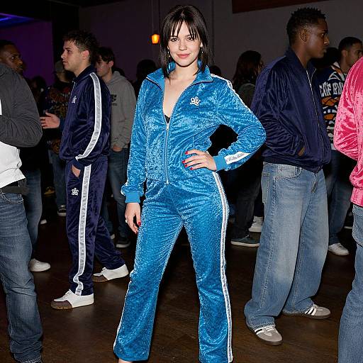 Photograph of a confident woman in a blue, velvety Adidas tracksuit, standing in a dimly lit, crowded room with casually dressed people