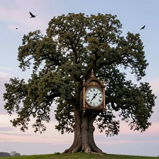 Photograph of a large, old oak tree with a vintage clock face nestled in its trunk, set against a pastel sky, with a blackbird