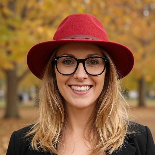 Photograph of a smiling woman with blonde hair, black-rimmed glasses, and a red hat, standing in an autumn park.