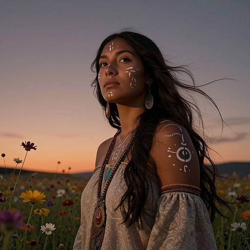 Photograph of a young woman with dark skin, long black hair, wearing a white off-shoulder top, adorned with white body paint, standing