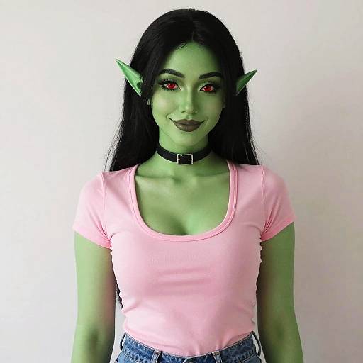 Green-Skinned Woman with Red Eyes and Pointy Ears