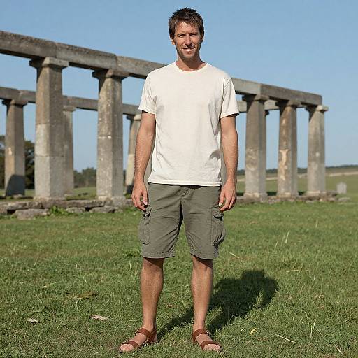 Photograph of a smiling man in a white t-shirt, gray cargo shorts, and brown sandals, standing on grass with ancient stone columns in the background